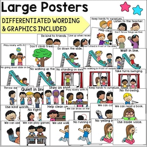 Pre-K recess expectations visual posters with kid-friendly wording