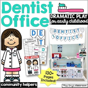 May include: A colorful dentist office playset for early childhood education. The set includes a dentist's office sign, appointment sheets, and a variety of dental tools. The image also features a cartoon dentist character and the text "130+ Pages Included!"