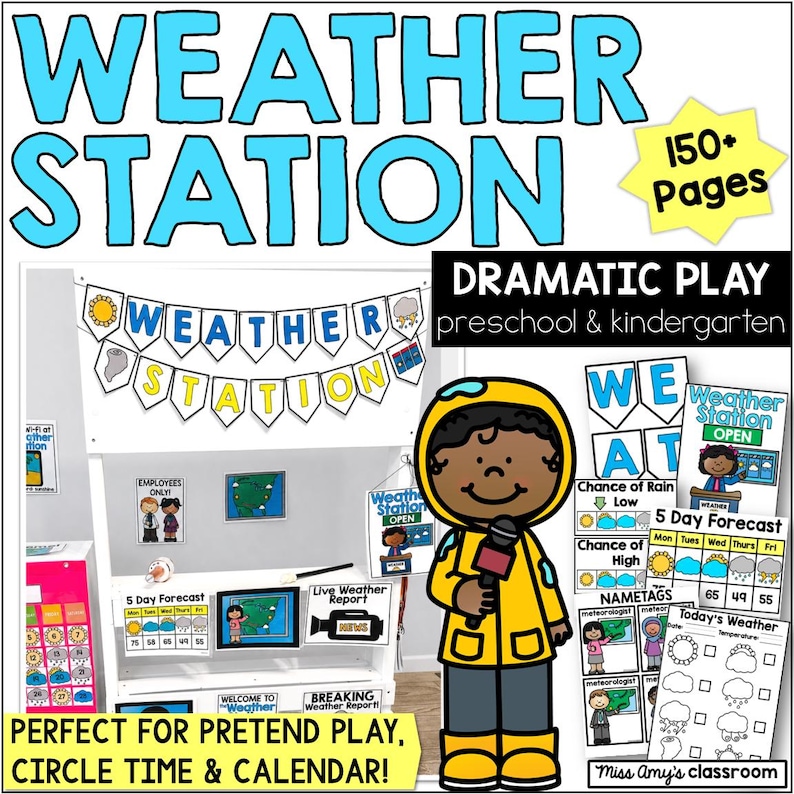 Weather station dramatic play center for preschool featuring colorful printable signs, five-day forecast chart, and news reporter props.