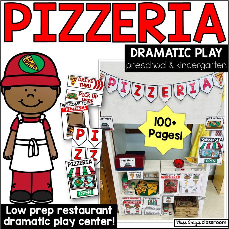 Preschool pizza dramatic play center with menus, order forms, and pretend food for role play learning