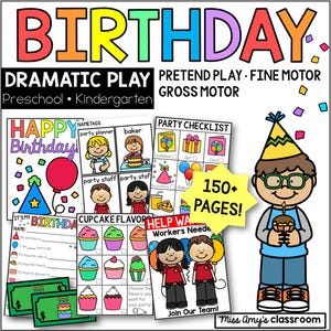 May include: A digital educational resource titled BIRTHDAY DRAMATIC PLAY featuring printable worksheets, nametags, a party checklist, and cupcake flavor charts. A cartoon character wearing a party hat holds a cupcake. The set includes 150+ pages.
