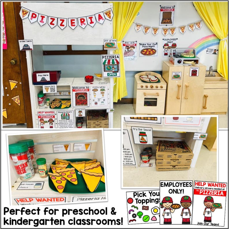 Pizza themed dramatic play center for daycare or classroom with printable menus and role play props
