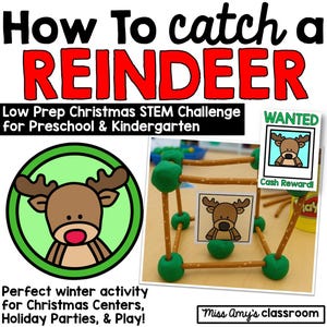 以下が含まれることがあります： 未就学児と幼稚園向けのクリスマスをテーマにしたSTEMチャレンジ。画像には、赤と黒で「How to catch a REINDEER」というテキストが表示されています。トナカイのイラスト、「WANTED」ポスター、プレッツェルと緑の粘土で作られた構造が含まれています。