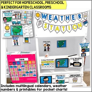 Preschool dramatic play weather center with weather calendar, forecast cards, and printable classroom signs for imaginative play.