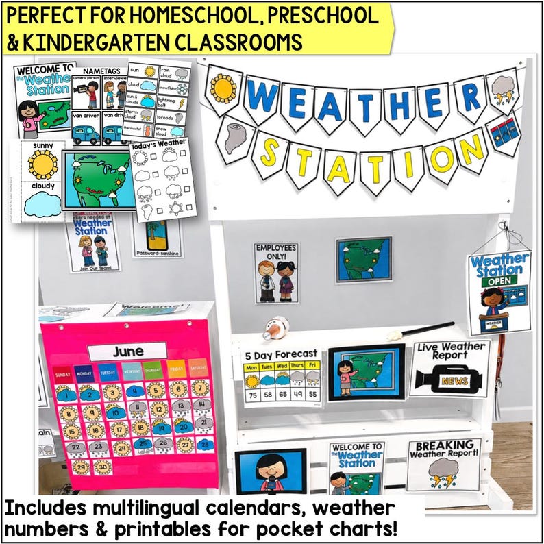 Preschool dramatic play weather center with weather calendar, forecast cards, and printable classroom signs for imaginative play.