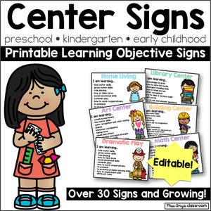 Editable Center Signs With Learning Objectives and Images | Preschool, Pre-K, Kindergarten, Daycare & Early Education Center Signs