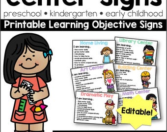 Editable Center Signs With Learning Objectives and Images | Preschool, Pre-K, Kindergarten, Daycare & Early Education Center Signs