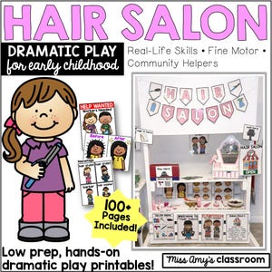 Op de afbeelding: Een kleurrijke illustratie voor een dramatische speelset voor een kapsalon voor de vroege jeugd. De afbeelding bevat een cartoonmeisje met een stijltang, een kapsalon met borden en de tekst "HAIR SALON" in roze letters. De set bevat meer dan 100 pagina's met printbaar materiaal.