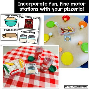 Kindergarten dramatic play pizza restaurant with real-world play, social skills, and early math activities
