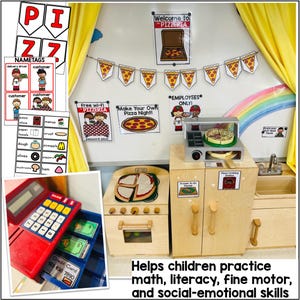 Preschool dramatic play pizza shop with hands-on learning activities for fine motor, counting, and pretend play