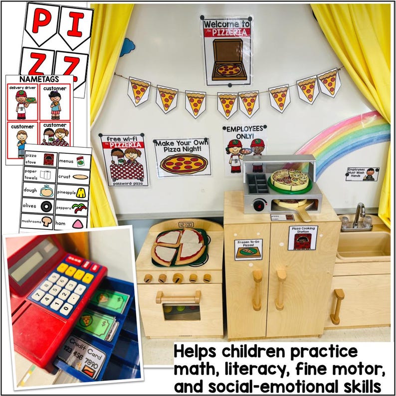 Preschool dramatic play pizza shop with hands-on learning activities for fine motor, counting, and pretend play