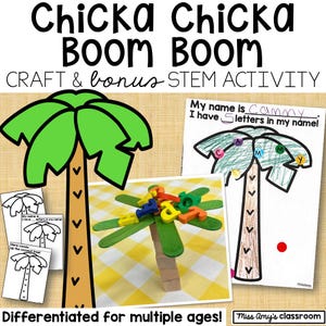 May include: Educational craft activity featuring a palm tree theme. Includes a paper palm tree with the text "My name is Cammy, I have 5 letters in my name!" and a wooden palm tree with colorful letter blocks. The text "Chicka Chicka Boom Boom" is at the top.