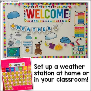 Classroom weather station setup with printable forecast board, weather map, reporter station, and weather-themed learning activities.