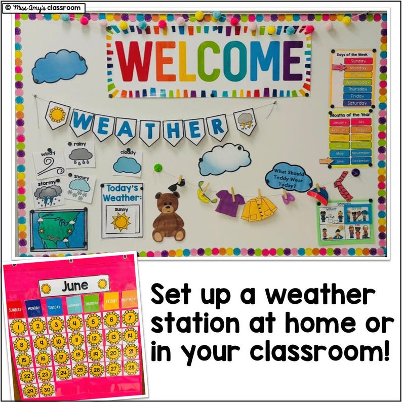 Classroom weather station setup with printable forecast board, weather map, reporter station, and weather-themed learning activities.