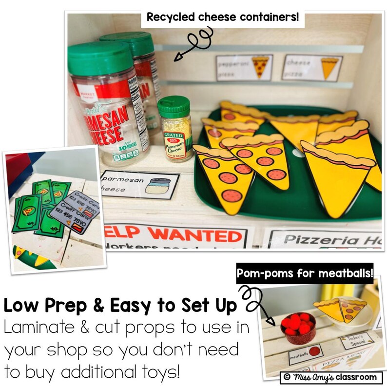 Pretend pizza restaurant dramatic play kit with order tickets, price list, and kitchen signs for early learners