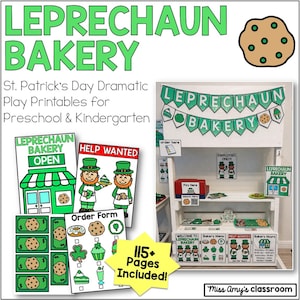May include: A St. Patrick's Day-themed printable set for preschool and kindergarten. The image features a "Leprechaun Bakery" sign, play money, order forms, and a bakery stand. The set includes over 115 pages of dramatic play printables.