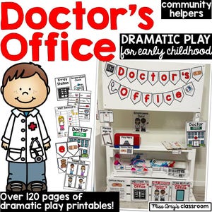 May include: A colorful educational playset for children, themed as a doctor's office. The image features a banner that says "Doctor's Office", along with printable forms, signs, and a cartoon doctor character. The set is designed for dramatic play.