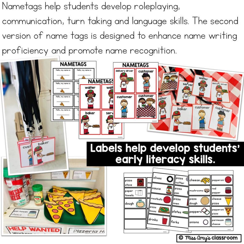 pizza dramatic play role tags, nametags and labels for pretend play pizzeria