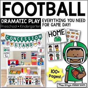 Könnte beinhalten: Ein druckbares Football-Rollenspiel-Set für Vorschul- und Kindergartenklassen. Enthält ein Verkaufsstand-Banner, Bestellformulare, Rollenspiel-Namensschilder und Schilder für den Spieltag. Mit Football-Spieler-Grafik und über 100 Seiten Material.