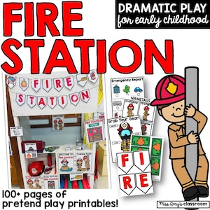 Könnte beinhalten: Ein farbenfrohes Bild, das ein Feuerwehr-Themen-Rollenspiel-Set für die frühe Kindheit bewirbt. Das Bild zeigt eine Spielstation mit Schildern, eine Feuerwehr-Illustration und druckbare Materialien. Text enthält "FIRE STATION" und "100+ Seiten zum Spielen!"