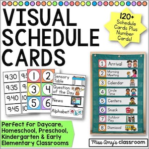 May include: A set of visual schedule cards featuring numbered and activity-based labels with illustrations. The collection includes time cards, numbered squares, and a green pocket chart displaying a daily routine with text like Arrival and Dismissal.