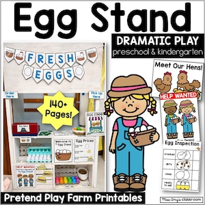 Könnte beinhalten: Ein druckbares Rollenspiel-Set für einen Eierstand mit einem Banner mit der Aufschrift FRESH EGGS, Schildern für Bestellung und Abholung, Preislisten und einer Eier-Inspektionstabelle sowie Illustrationen eines Bauern und Eier-Grafiken.
