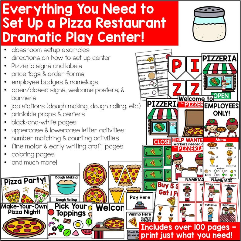 Pizza shop dramatic play set for preschool and kindergarten with printable signs, menus, and props