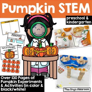 May include: A colorful educational graphic titled "Pumpkin STEM" for preschool and kindergarten. The image features a cartoon character with a magnifying glass, pumpkins, and various experiment and activity pages. Text includes "Over 130 Pages of Pumpkin Experiments & Activities".