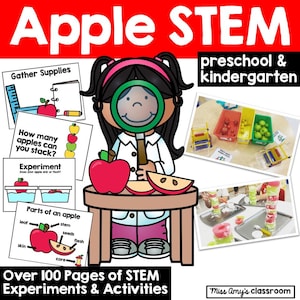 May include: A colorful educational graphic titled "Apple STEM" for preschool and kindergarten. The image features an illustration of a girl with a magnifying glass, apples, and experiment diagrams. Text includes "Over 100 Pages of STEM Experiments & Activities."