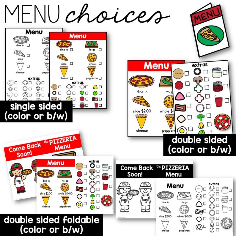 dramatic play pizza menus and printables for a pretend play pizzeria