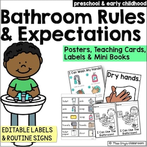 Pósters, tabla de bolsillo, etiquetas y minilibros con las reglas del baño para preescolares - EDITABLES