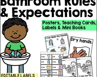 Preschool Bathroom Rules Posters, Pocket Chart, Labels & Mini Books - EDITABLE