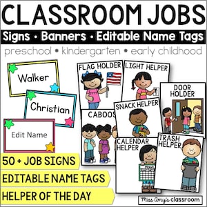 Può includere: Un set di cartelli per i lavori in classe, striscioni ed etichette con nomi modificabili con illustrazioni a cartoni animati di bambini che svolgono compiti come portabandiera, aiuto luci, reggiporta, aiuto merenda e aiuto calendario.