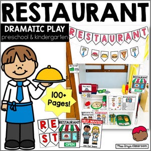 May include: A vibrant illustration of a restaurant-themed dramatic play set for preschool and kindergarten. The set includes a banner, signs, and a cartoon waiter holding a serving tray. The words "Restaurant" and "Dramatic Play" are prominently displayed.
