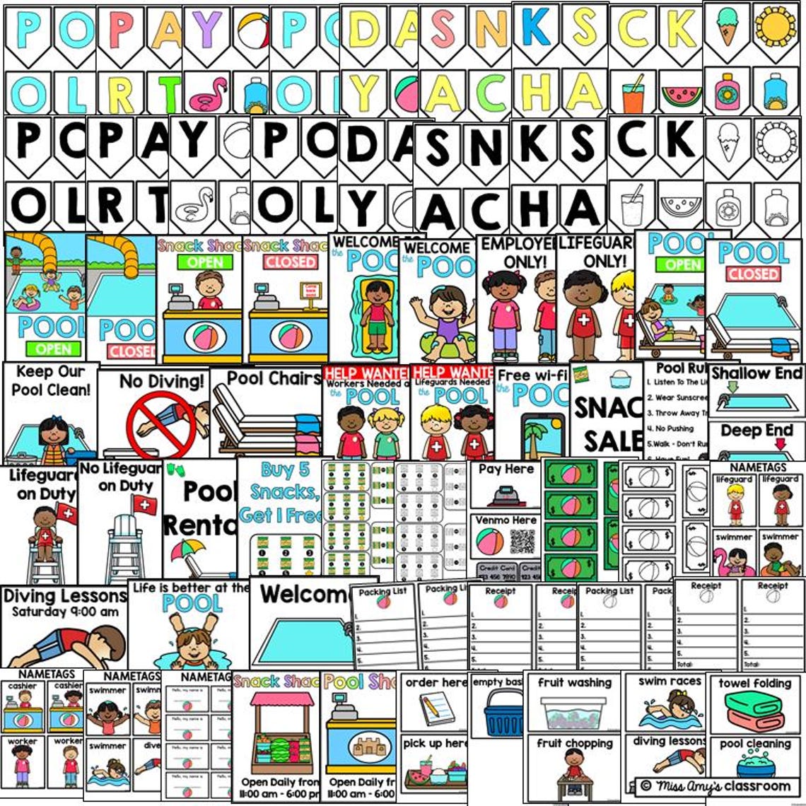 Pool Party Pretend Play Printables: Summer Dramatic Play Kit (120 ...