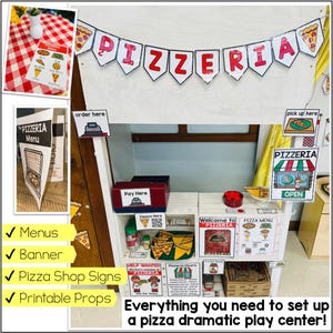 Dramatic play pizza restaurant setup for kids with cashier station, menu board, and pretend cooking activities