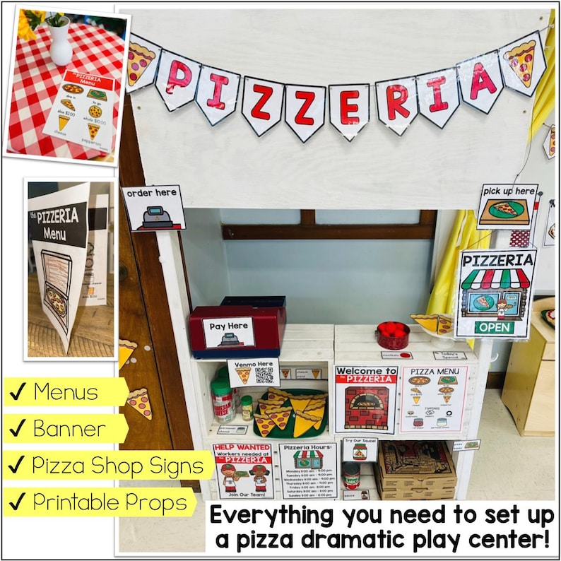 Dramatic play pizza restaurant setup for kids with cashier station, menu board, and pretend cooking activities