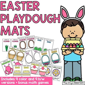 May include: A set of nine colorful Easter-themed playdough mats featuring activities like building a flower, decorating a cookie, hiding eggs, and building a monster. The mats are designed for preschool and kindergarten children. The set also includes nine black and white versions of the mats and bonus math games.