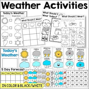 Preschool weather station center showing daily weather calendar pieces, forecast chart, and classroom dramatic play signage.