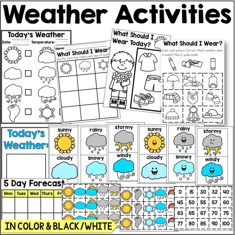 Preschool weather station center showing daily weather calendar pieces, forecast chart, and classroom dramatic play signage.
