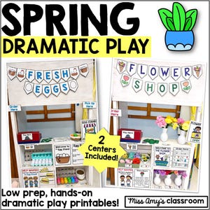 Paquete de centros de juego dramático de primavera: floristería, puesto de huevos y granja. Imprimibles para educación en casa, preescolar y jardín de infantes.