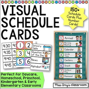 May include: A set of visual schedule cards featuring text and illustrations for classroom activities. Includes numbered cards, time cards, and a green pocket chart displaying a daily schedule with labels like Arrival, Calendar, and Dismissal.