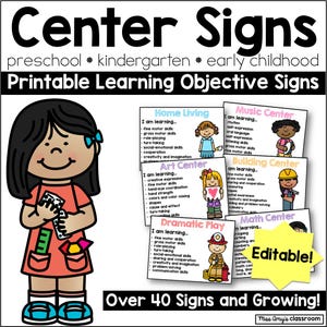 Editable Center Signs With Learning Objectives and Images | Preschool, Pre-K, Kindergarten, Daycare & Early Education Center Signs