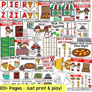 Pizza dramatic play center for Pre-K classroom with literacy, math, and role play printables