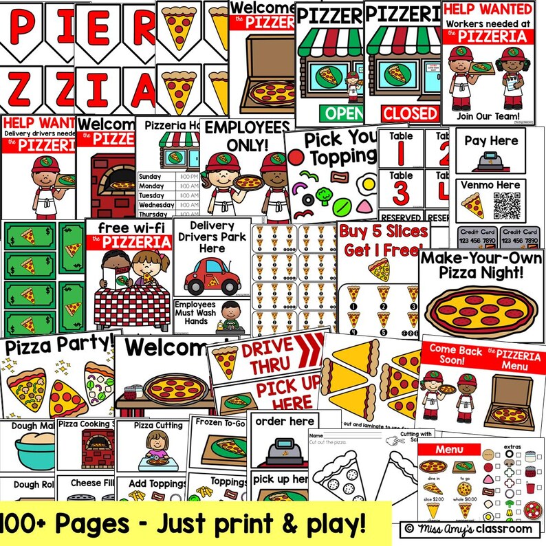 Pizza dramatic play center for Pre-K classroom with literacy, math, and role play printables