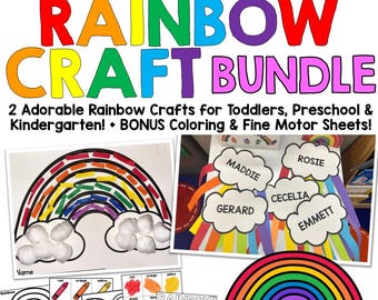 Può includere: Grafica colorata "Rainbow Craft Bundle" con la parola "editable" in alto. L'immagine include progetti di artigianato a tema arcobaleno, fogli da colorare e il testo "2 Adorable Rainbow Crafts for Toddlers, Preschool & Kindergarten! + BONUS Coloring & Fine Motor Sheets!"
