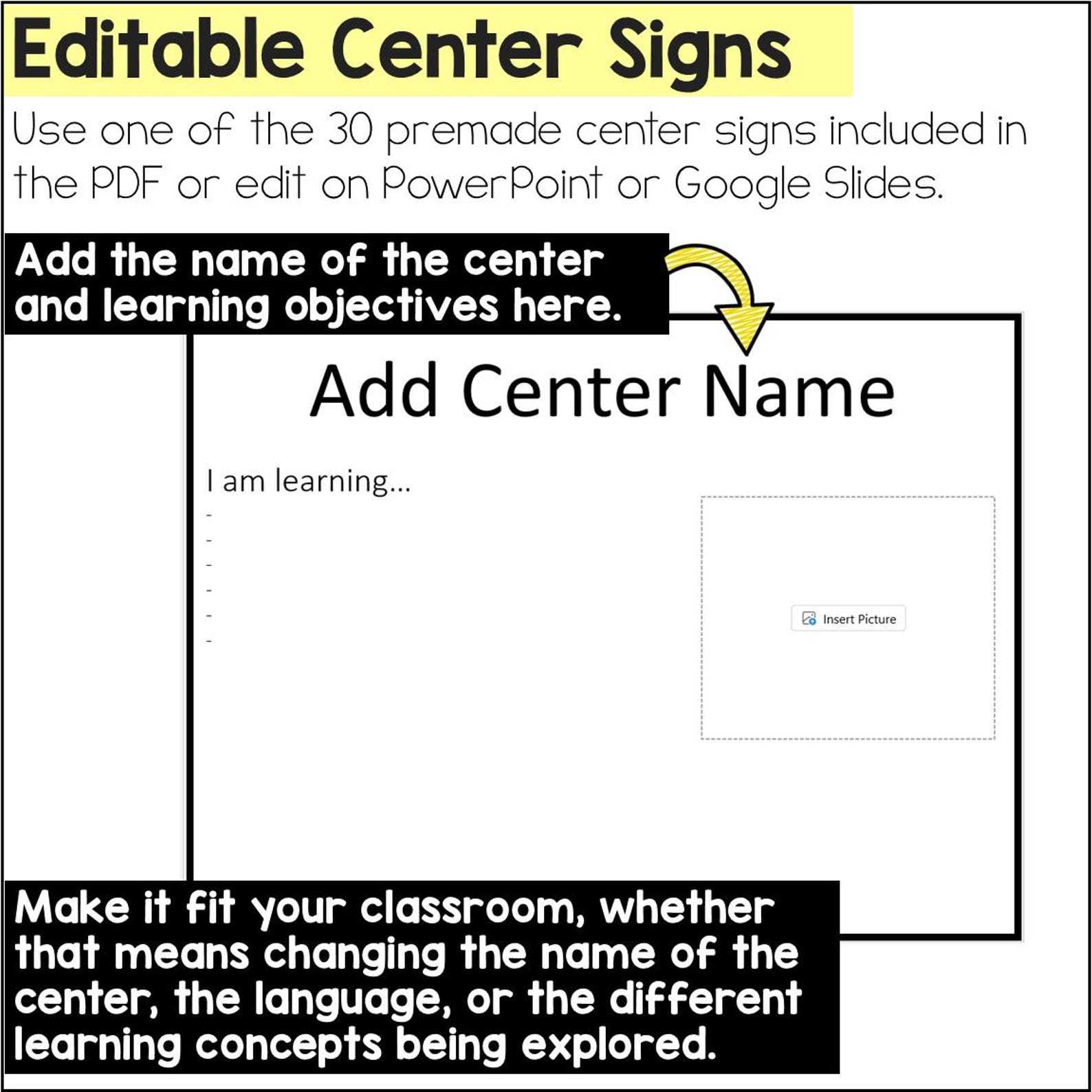 Editable Center Signs With Learning Objectives and Images | Preschool ...