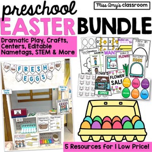 Könnte beinhalten: Ein Osterpaket für die Vorschule mit fünf Ressourcen für einen niedrigen Preis. Das Paket beinhaltet ein Spielzentrum, Bastelarbeiten, Namensschilder und MINT-Aktivitäten. Das Spielzentrum verfügt über einen Stand mit einem Schild, auf dem "Fresh Eggs" steht.
