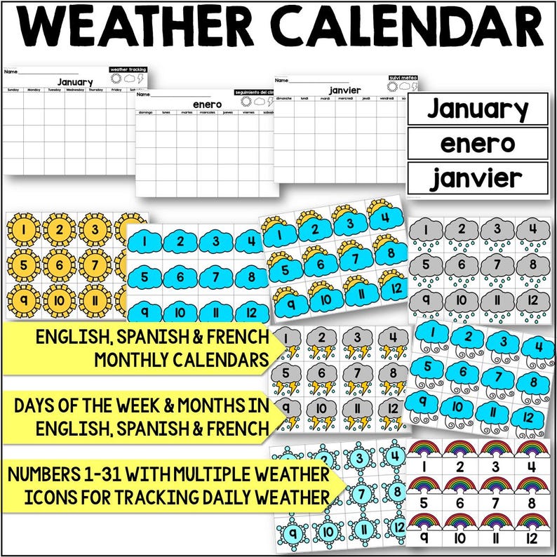 Weather-themed dramatic play area for preschool and kindergarten with colorful banner, calendar, and meteorologist reporting props.
