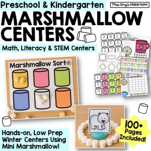 Puede incluir: Materiales educativos para preescolar y jardín de infancia, con actividades temáticas de malvaviscos. Incluye ejercicios de clasificación, conteo y gráficos. La imagen muestra gráficos coloridos y una tarjeta de oso polar rodeada de malvaviscos. El texto dice "Marshmallow Centers" y "100+ Pages Included!"